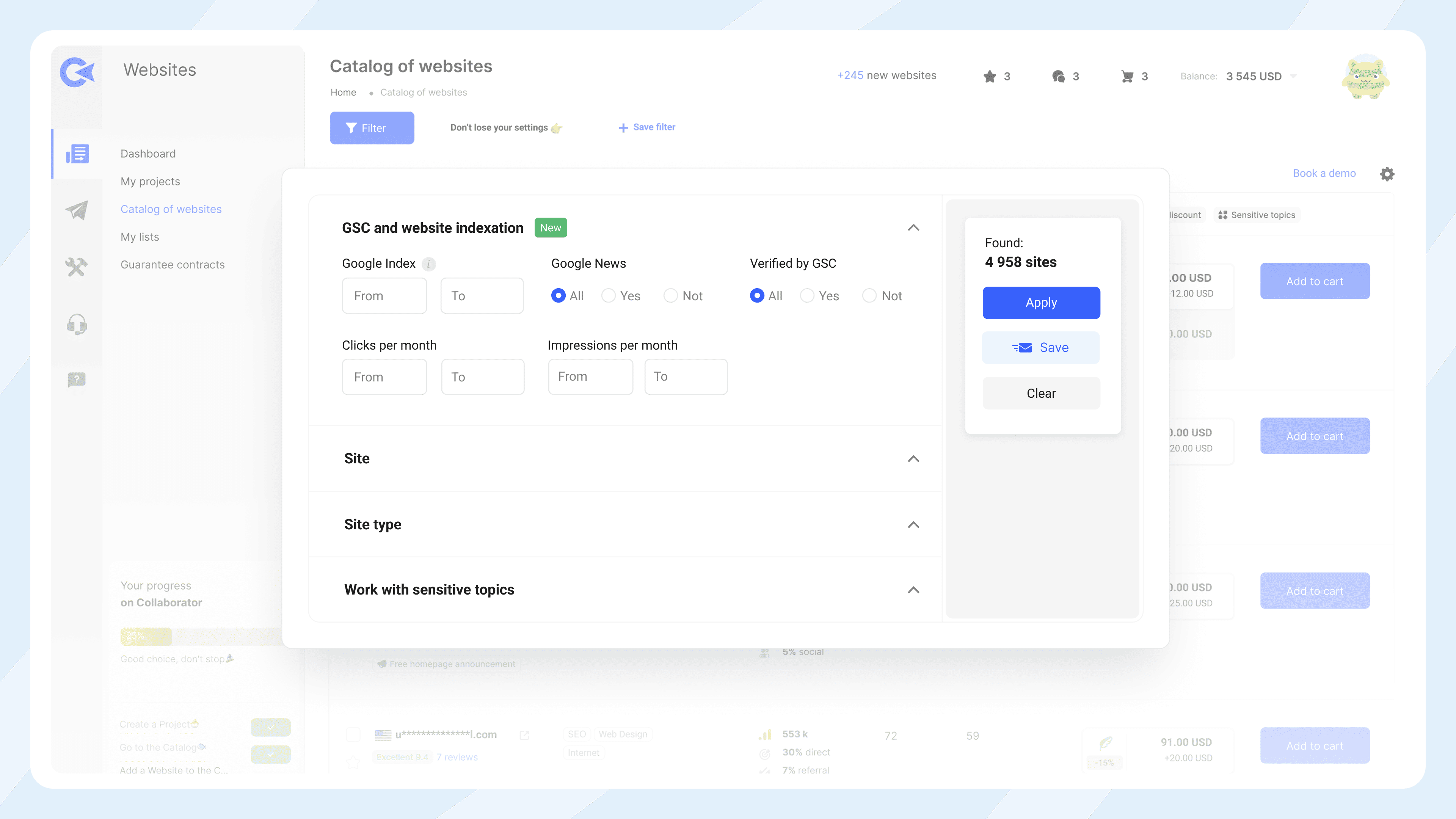 Collaborator website catalog with advanced filtering options for GSC and indexation, including Google Index status, Google News inclusion, GSC verification, clicks/impressions data, and sensitive topics