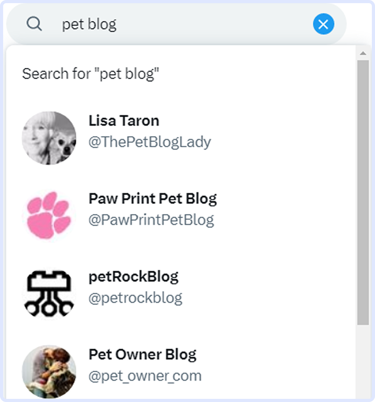 Twitter search results for "pet blog" showing four pet-related accounts including ThePetBlogLady, PawPrintPetBlog, petrockblog, and pet_owner_com
